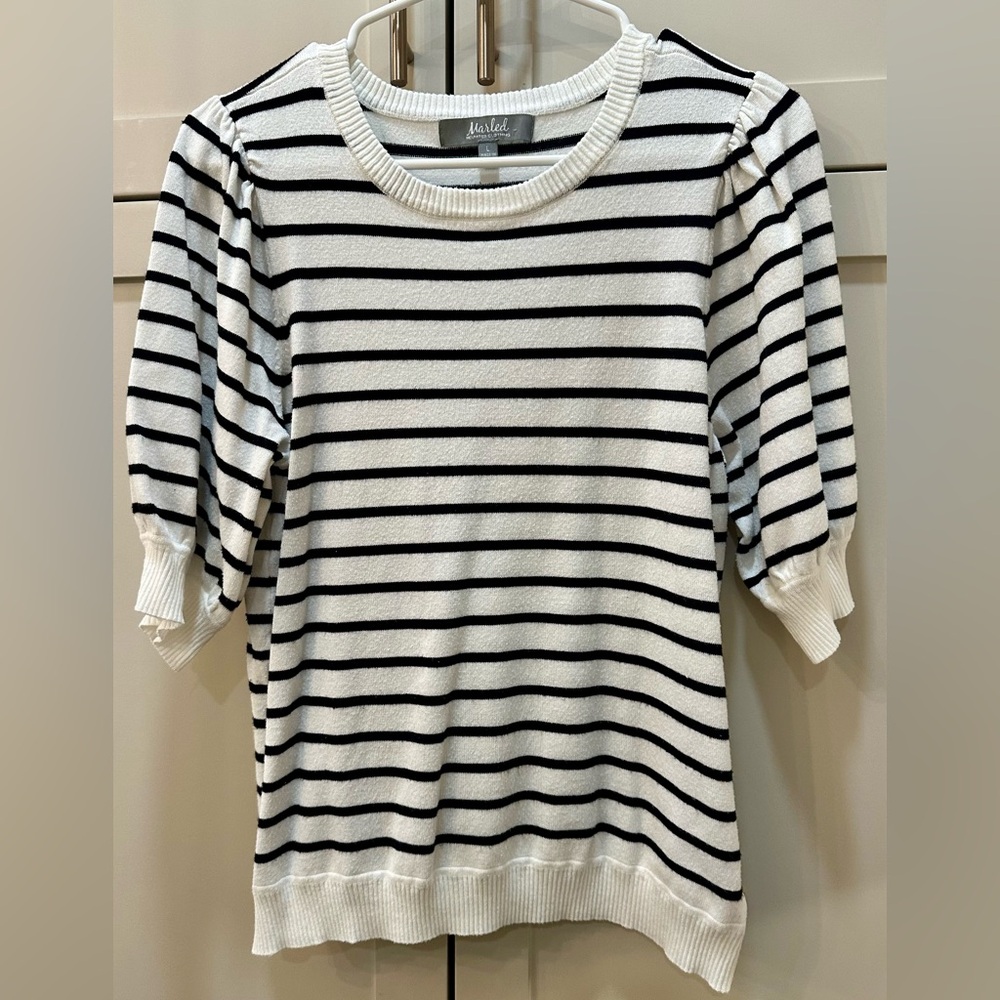 White & Black Striped Puff-Sleeve Top-L